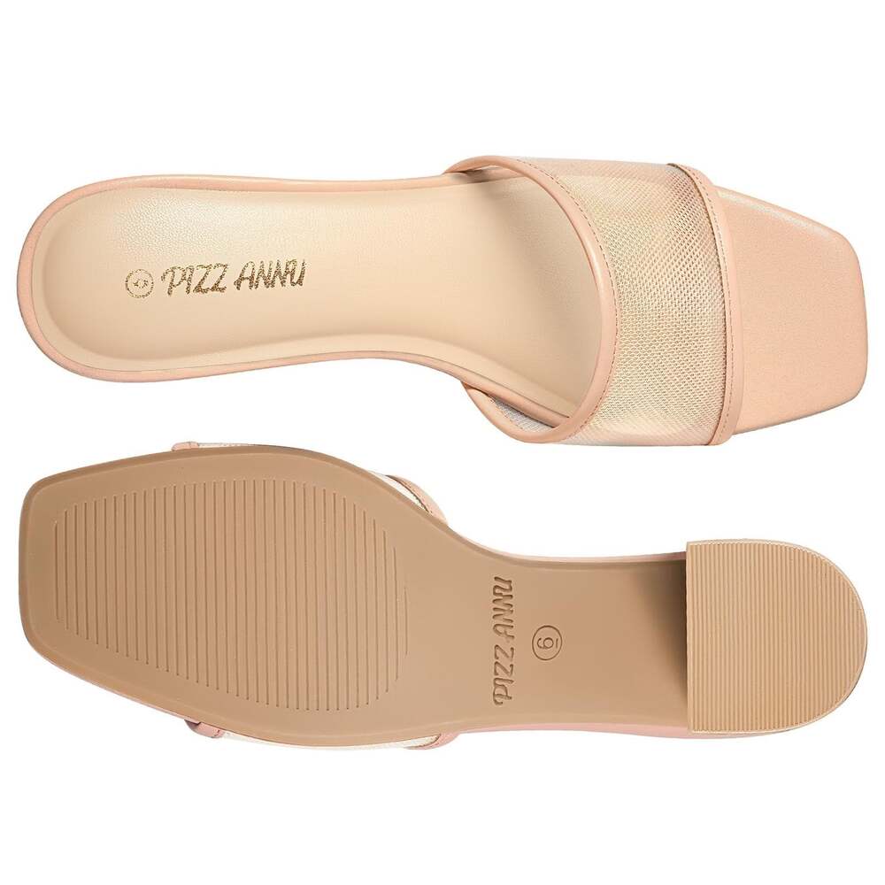 PIZZ ANNU Women’s Nude Mesh Block Heel Mules Sandals Square Toe Size 6.5